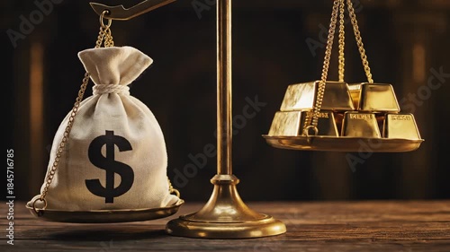 A balance scale weighing a dollar money bag against a stack of gold bars. Comparing the value of currency versus precious metals. Finance and investment concept