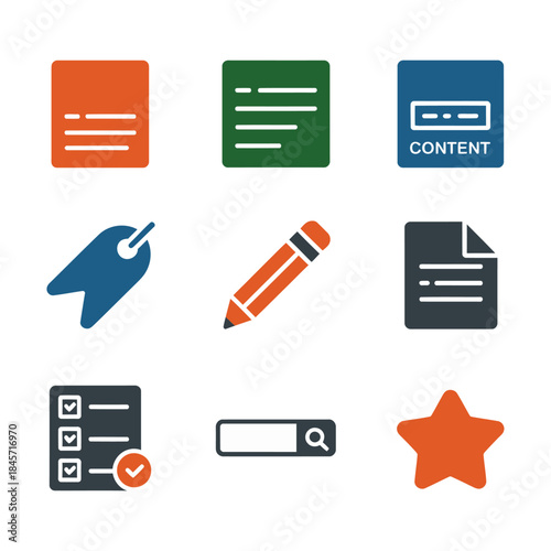 Website optimization and keyword research illustration pack with magnifier tags checklist content blocks ranking flat vector design