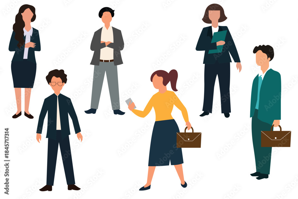 Fototapeta premium Business people set. Business people vector, man and woman standing in formal suits. Businesspeople, office workers cartoon characters,silhouettes of standing business people. Vector illustration