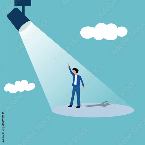 Businessman in the spotlight. Person success, employee and career. Flashlight pointed at a standing businessman. Human resource recruitment. Vector illustration.