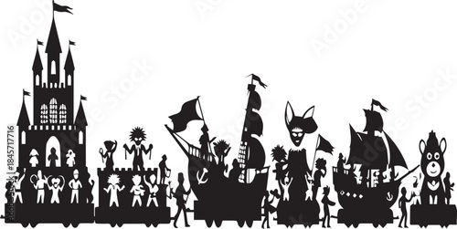 Fantasy castle and figures silhouette against white background