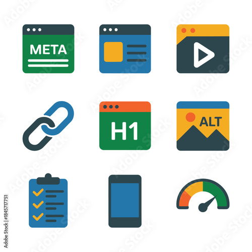 Seo metadata and content optimization icon set with meta tag heading alt text checklist mobile audit flat vector illustration