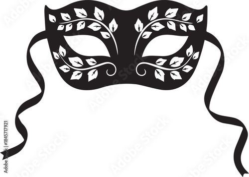 Elegant black masquerade mask with white leaf design and ribbons