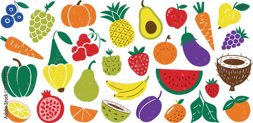 Cute hand drawn fruits vegetables collection, colorful healthy food illustration set for kids design projects assets
