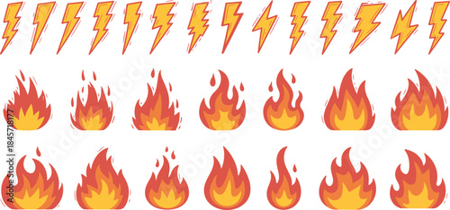 Cartoon fire flames lightning icons set, energy power symbols illustration for game design projects assets