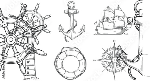 Nautical Elements Collection Vintage Sketch maritime