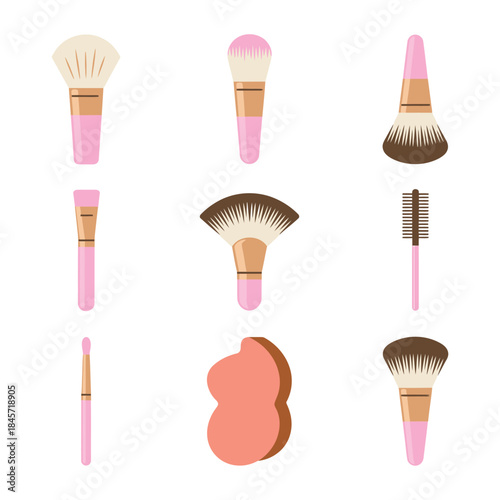Makeup artist professional cosmetics illustration set with foundation blush compact powder brush applicators flat vector design