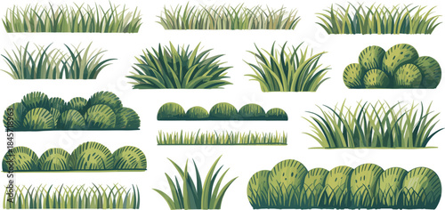 Green grass bushes set, botanical foliage elements illustration for landscaping game environment design projects assets
