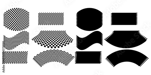 Black and white checkerboard trippy pattern set. Wavy chess board. Abstract chess background. Different wavy grid geometric shapes. Race flags. Retro mosaic.