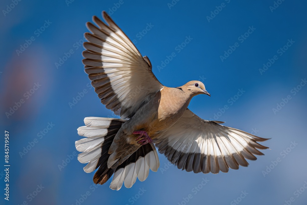 Obraz premium Graceful White-Winged Dove Takes Flight Against a Blue Sky