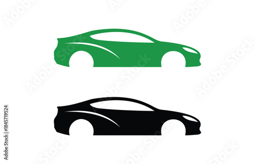 Vehicle Icons: A sleek, modern car silhouette in both vivid green and classic black, ideal for design concepts, conveying themes of mobility, speed, and automotive innovation.