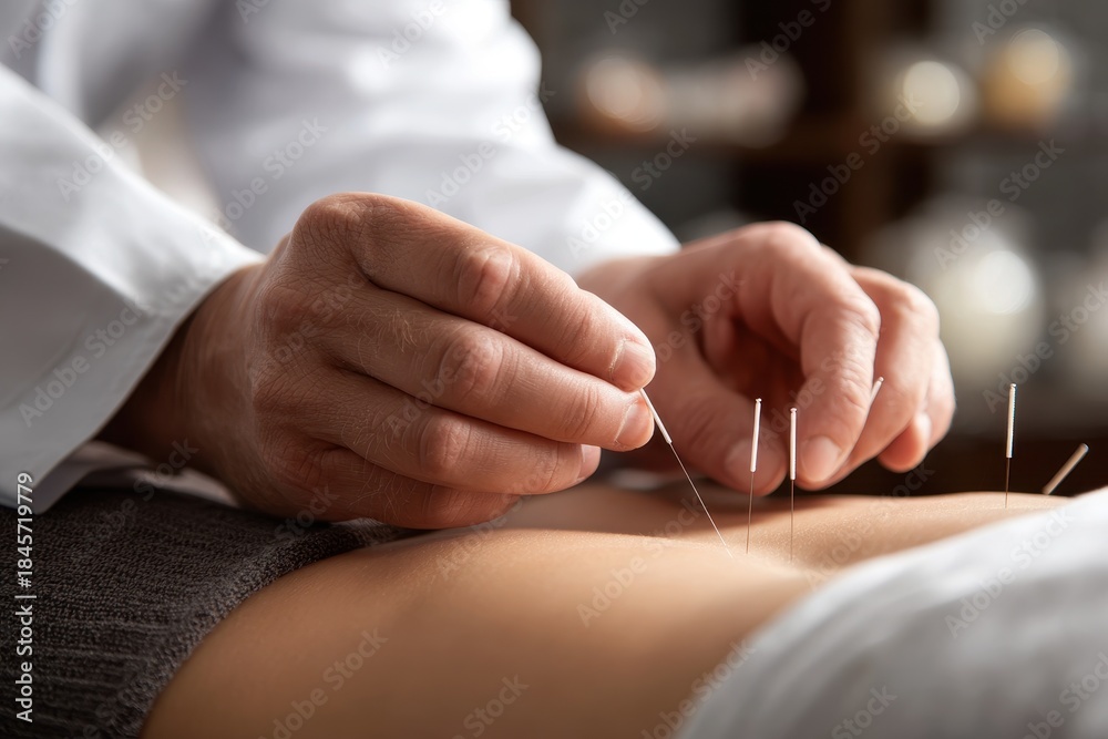 Obraz premium Hands of a Doctor Administering an Acupuncture Treatment on a Patient's Abdomen for Wellness and Health