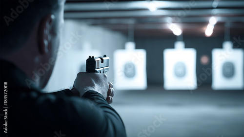 Shooter taking aim and firing at target during firearm training at shooting range on green screen background.