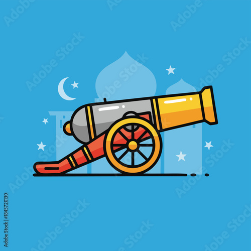Illustration of a colorful cannon with a mosque in the background, featuring a crescent moon and stars on a blue background.