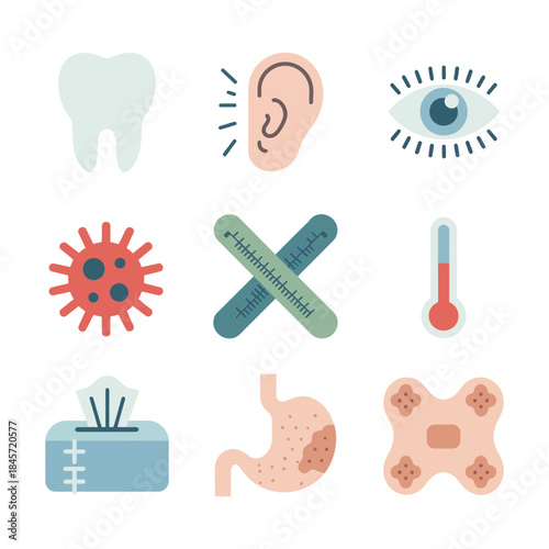 Human senses and illness warning icons collection with eye ear tooth virus thermometer bandage flat vector illustration