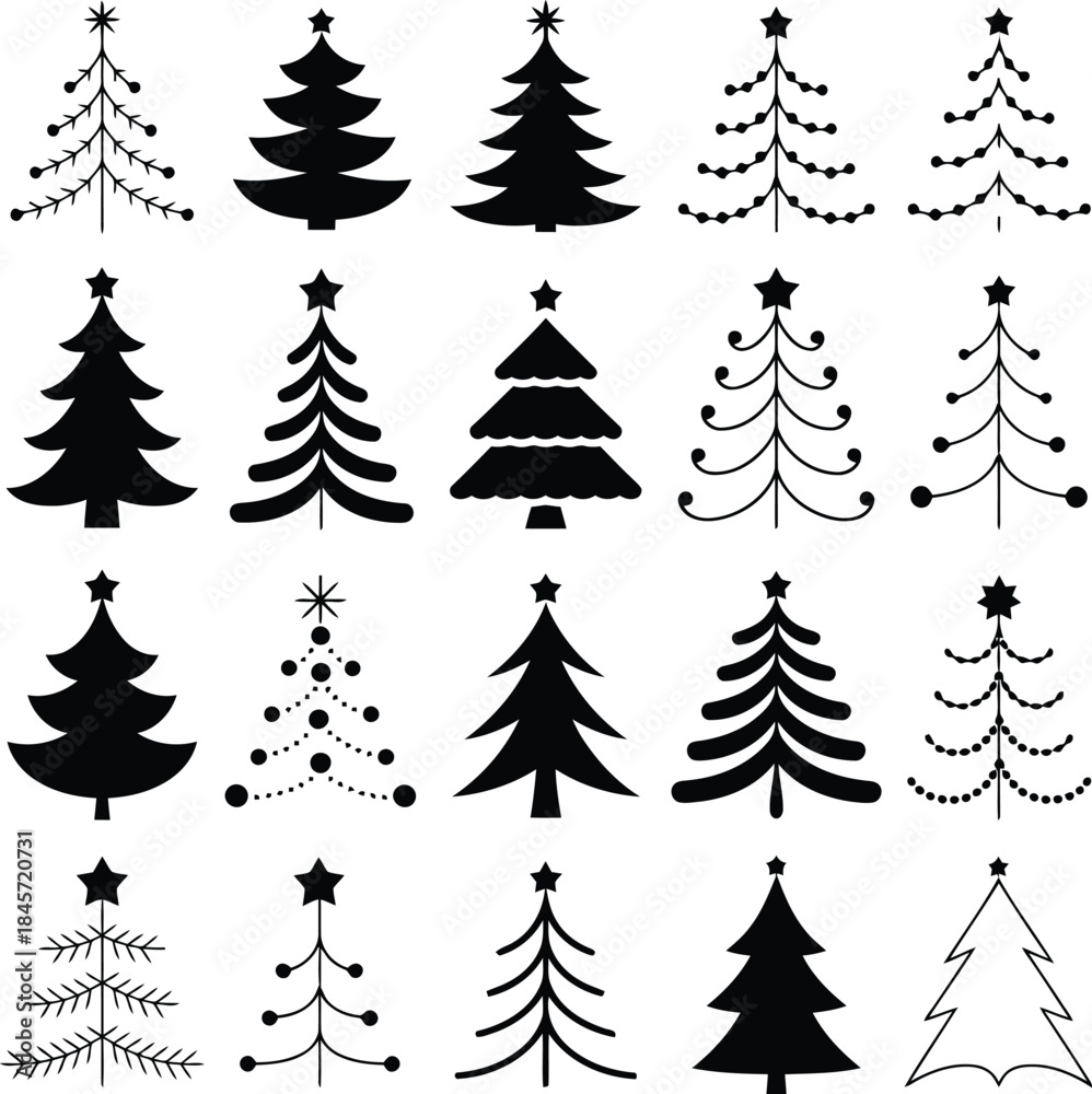 Obraz premium Collection of modern Christmas tree silhouettes and illustrations