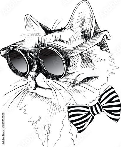 Hand- Drawn Sketch of a Cat Wearing Sunglasses and Bow Tie