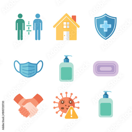 Family health protection and hygiene icons collection featuring mask sanitizer home care shield virus prevention flat vector illustration