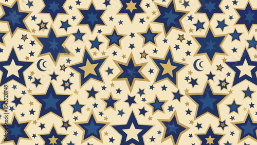A patterned design featuring blue stars and moons on a beige background with a repeating geometric shape in a seamless tile texture.