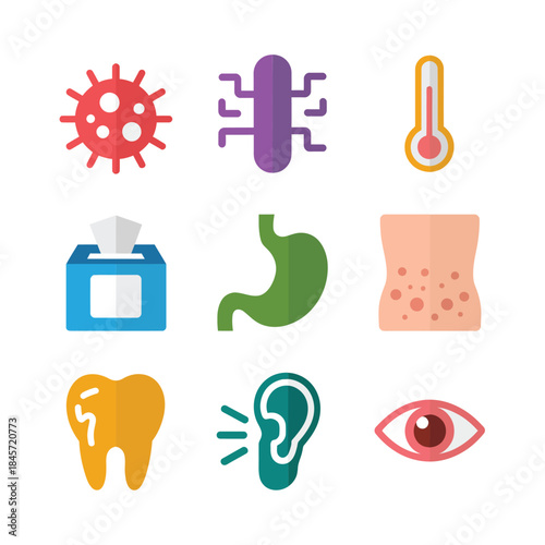 Disease signs and body organ health icons collection featuring virus stomach tooth ear eye fever flat vector illustration
