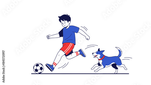 Illustration depicting a boy playing soccer with his dog on a white background