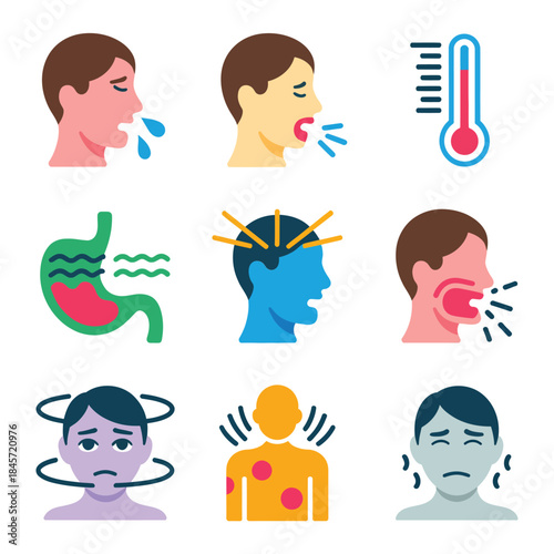 Human illness symptoms icon set showing cough fever headache stomach pain sweating medical awareness flat vector illustration design