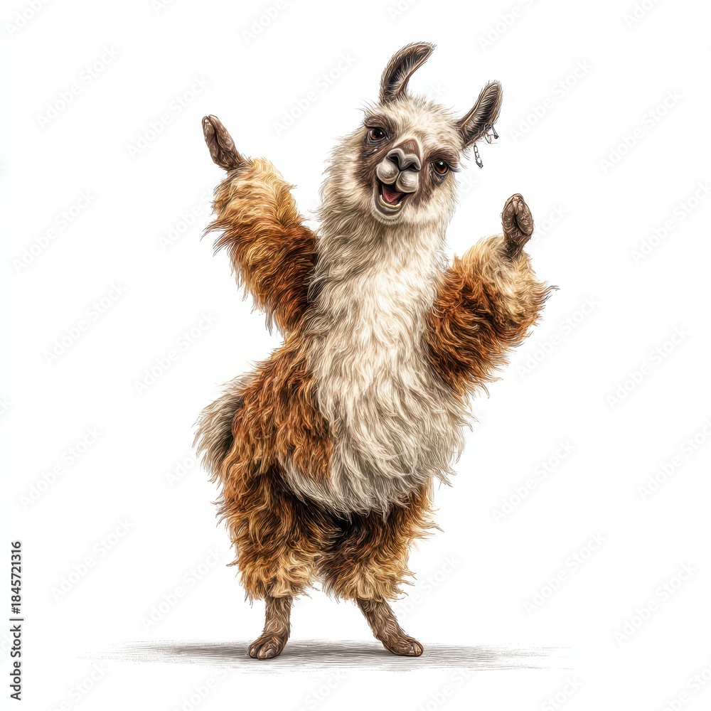 Obraz premium Joyful Llama Dance. Charming Illustration of a Cheerful, Playful Llama in Motion on a Clean White Background