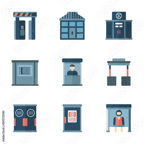 Urban service building and kiosk icon set featuring guard booth ticket window flat vector illustration public facility symbols