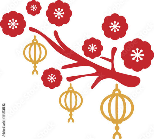 Chinese Plum Blossom Tree Branch With Lanterns