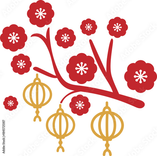 Red Plum Blossom Branch With Hanging Chinese Lanterns