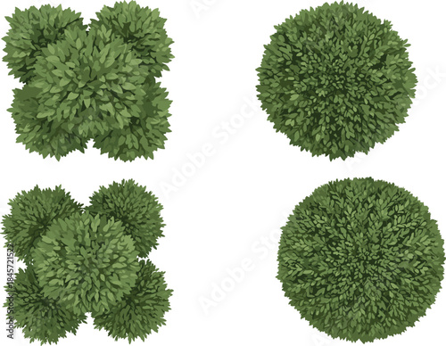 Top view stylized green bush set for garden design, landscape planning, eco foliage illustration, vector plant texture elements collection.