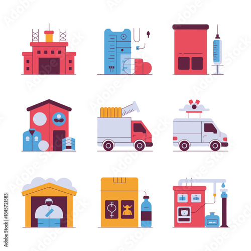 Emergency response service icons set including hospital ambulance supply trucks temporary clinic buildings flat vector illustration elements