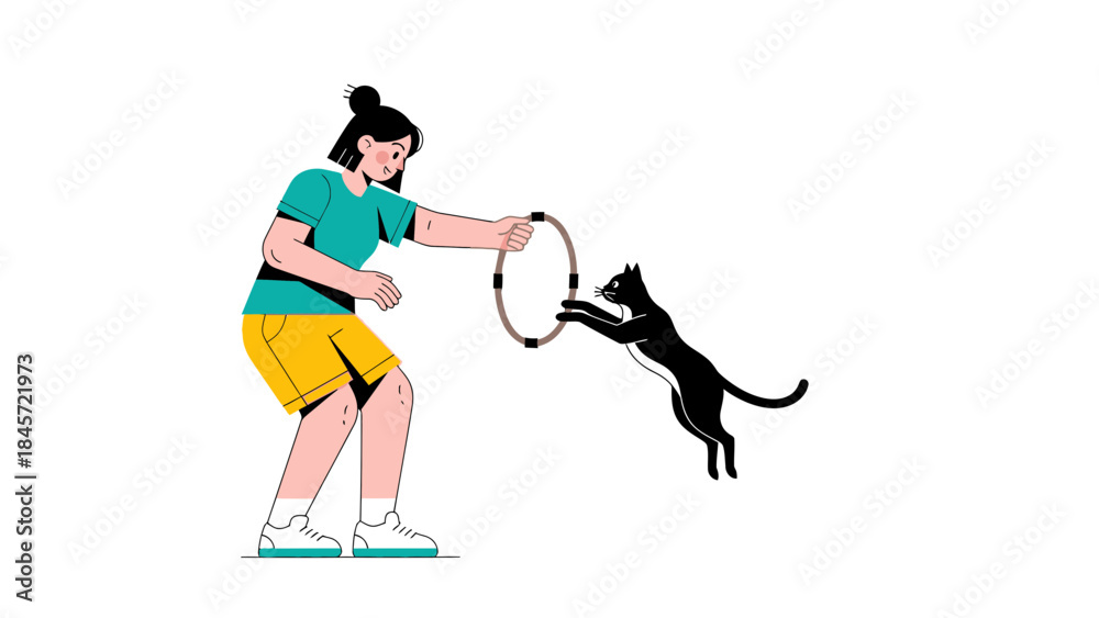 Fototapeta premium Woman training a black cat to jump through a hoop in a minimalist illustration
