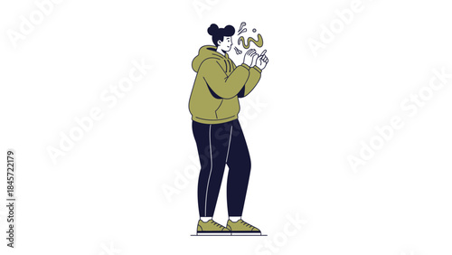 Illustration of a person interacting with abstract elements with white background