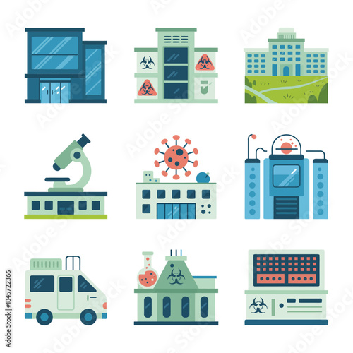 Medical science and disease control building icons collection featuring clinics research centers ambulances warning signs flat vector illustration