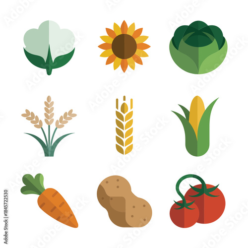 Fresh produce and crop variety icon collection showing vegetables grains plants harvest agriculture flat vector illustration