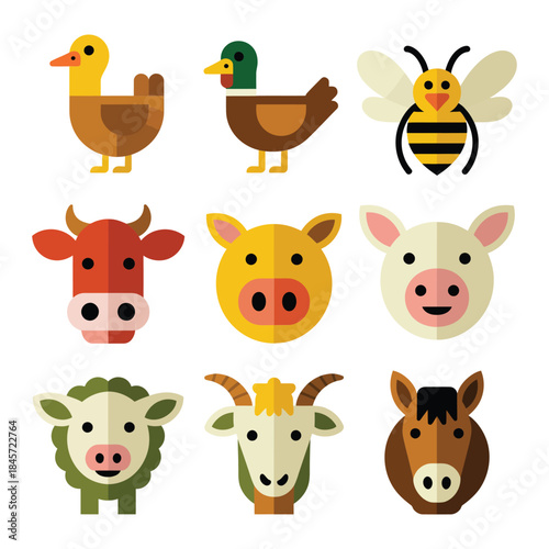 Cute farm animal head icon collection including cow pig sheep goat horse chicken duck flat vector illustration set