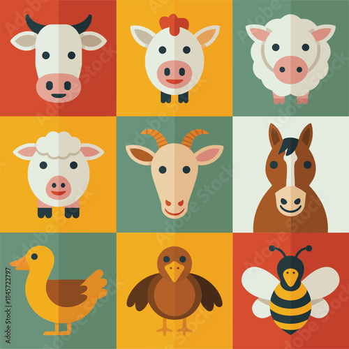 Livestock and poultry farm character icons grid featuring cow pig sheep goat chicken duck bee flat vector illustration