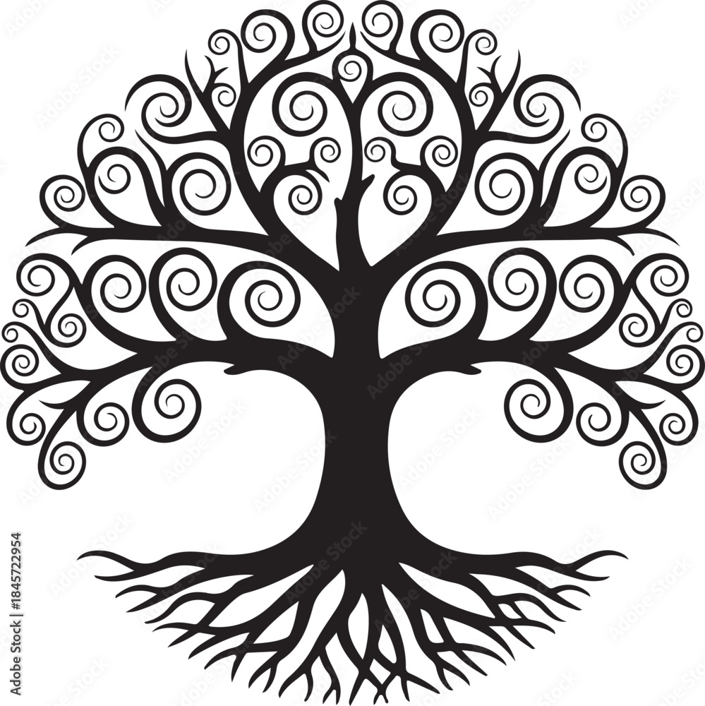 Obraz premium Tree of Life Silhouette with Roots and Branches – Sacred Nature Symbol.