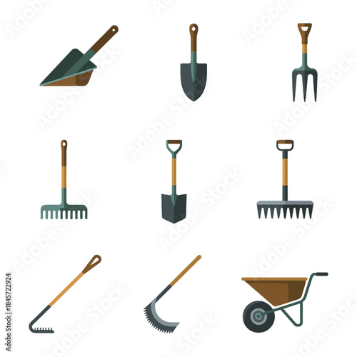 Agricultural digging and soil working tools icon collection including spade rake hoe fork wheelbarrow flat vector design