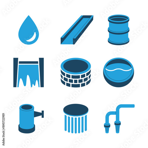 Water supply infrastructure icon set featuring pipes tanks barrels wells drops plumbing system flat vector illustration collection