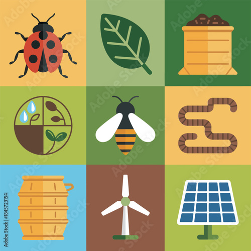 Eco agriculture and renewable farming icons collection with insects leaves compost solar wind energy flat vector illustration