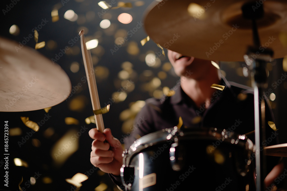Obraz premium A dynamic image captures a drummer energetically performing amidst a shower of confetti, evoking the excitement and rhythm of live music and celebration.