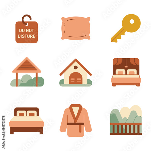 Guest accommodation icon collection, do not disturb sign bed house cottage symbols, vacation lodging service concept, flat vector design