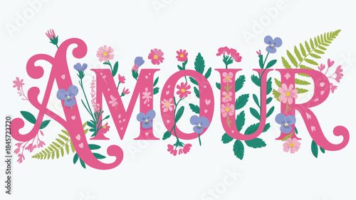 Ornate rose pink typography design element with floral pattern and green leaves, love theme