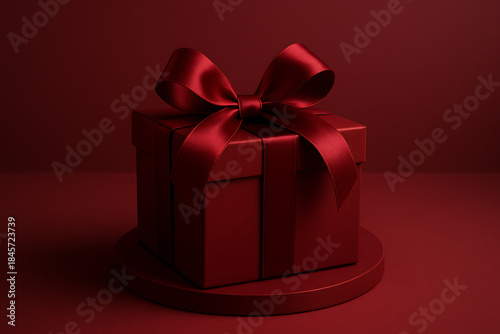 Dark red closed gift box with satin ribbon on a circular pedestal elegant luxurious monochromatic festive presentation studio shot mockup