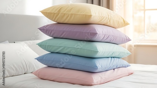 Colorful Stack of Pillows on Bed in Cozy Bedroom
