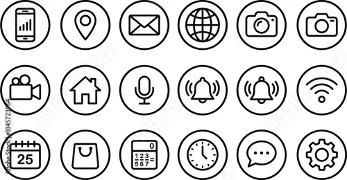 Mobile interface icons set, web communication symbols, app navigation buttons, digital technology outline, smart media signs, cad drawing flat vector illustration.
