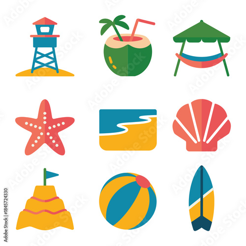 Beach vacation icon set, lifeguard hut coconut umbrella sea shell ball surf elements, summer coastal leisure, flat vector illustration