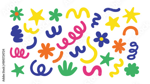 A playful collection of vibrant abstract doodles including stars, flowers, and squiggly lines.